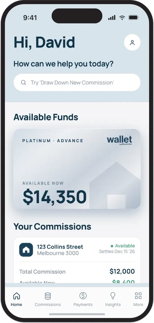 Wallet app on a phone showing available funds of $14,350 and pending commissions